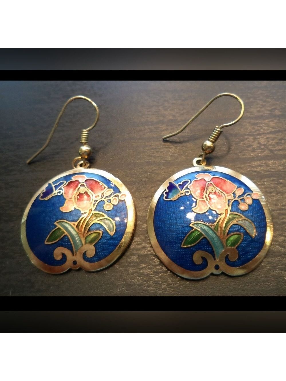 STUNNING VINTAGE ESTATE CLOISSONE ENAMELED FLOWER 1 3/4" EARRINGS